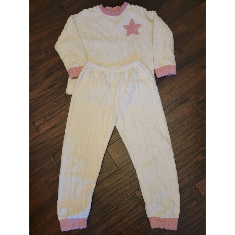 White Sherpa Fleece Star Pajama Set Pink Trim Cable Knit Lounge Set 2 Piece 809
